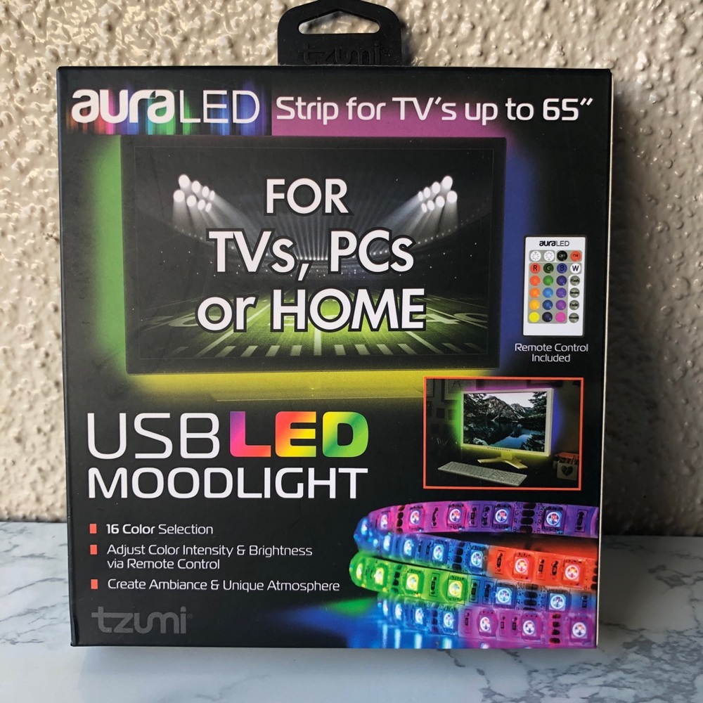 Tzumi AuraLED USB LED Moodlight Strip 6.5 Ft with Remote Control new NIB